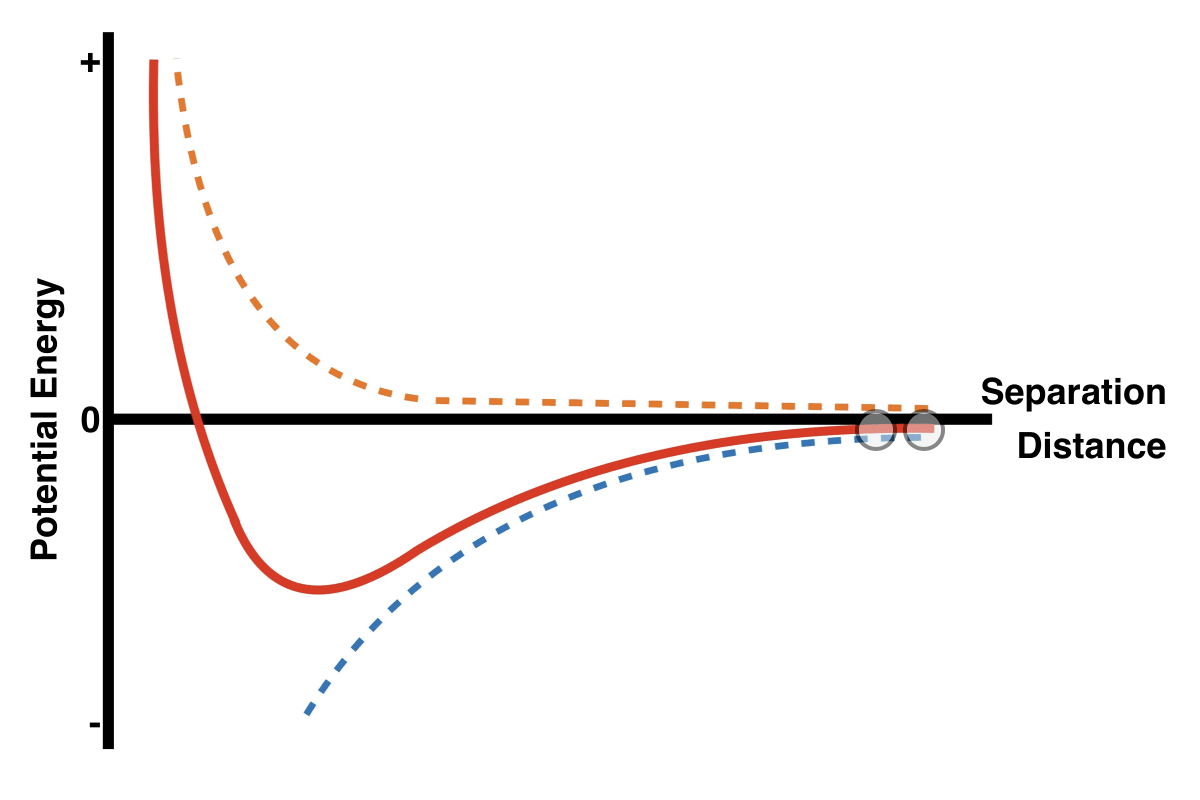 Potential energy well diagram with optimal separation distance marked.