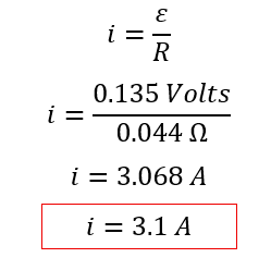 Given 0.14 volts before (rounded), divided by 0.044 ohms gives 3.2 amps.  If you used the actual volts of 0.135 then the answer would be 3.07 amps