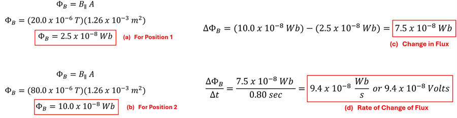 4 Equations showing the solution.  The first solving for position 1 with 20 micro teslas (converted to Tesla) times the area in meters square to be 2.5 time 10 to the -8 power Webers.  Position 2 has 80 micro Teslas (converted to Tesla) time the area of the loop to come to 10 time 10 to the negative 8 power webers.  The net change being 7.5 time 10 to the -8 webers, and over 0.8 seconds, to be 9.4 times 10 to the negative webers per second, which weber per second = volts, so 9.4 times ten to the -8 volts.