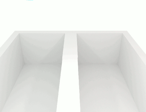 Animation of a low viscosity and high viscosity fluid.  The left shows water flowing into a container and splashing around, filling quickly.  The right shows what looks like honey slowly oozing into the container.