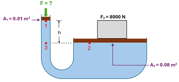 A U shaped tube is shown, with the left side being 0.1 meters squared in area, and the right side being 0.08 meters squared in area.  The right side has a 8000 newton weight on it.  On the left, a green F (force) arrow is shown with an unknown value.  The point where the force is being applied on the left (labeled 1) is elevated from the height of the right side (labeled 2) by h height.  A point on the left labeled 3 is shown at the same height as point 2.