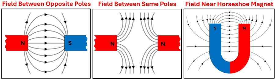 Three diagrams of magnets and magnetic lines. First showing the North end of a magnet facing the south end of another magnet with magnetic lines going from the north to the south. The second showing the north end of a magnet facing the north end of another magnet with the magnetic fields arcing away from each other. The third shows a Horseshoe magnet with magnetic lines going from the North to the south in various paths (circular and straight)