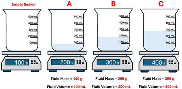 Accessibility Sample 4 beakers on top of scales are shown. Labels of Empty, A, B and C are above them, and the fluid mass and fluid volume are listed below. Empty shows 100g on the scale and no fluid in it (weight of the beaker), Flask A shows 200 g on the scale and a fluid mass of 100g and fluid volume of 100 milli liters. Flask B shows 300 g on the scale and has 200 g for mass and 200 milli liters of volume, and Flask C shows 400 g on the scale and has 300 g of mass and 300 milli liters of volume.