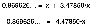 Two algebraic steps in the complete solution for the value of x using the equilibrium constant equation and the values and expressions from the equilibrium row of an ICE table.