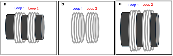 3 diagrams of 2 parallel wire loops that are not connected to a power supply. Diagram A has a metal rod the rings are around. Diagram B has no rod, and Diagram C has a larger metal core between them.