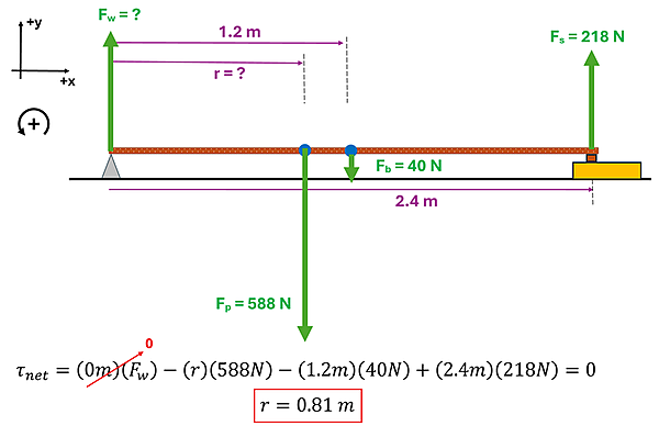 A force diagram is shown for the problem. A picture is shown of a 2.4 meter board with a wedge on the left, and a block on the right. From left to right, force arrows are drawn. F sub w (force of wedge) upwards is written with a question mark (unknown). An unknown r meters from the left is the student's center of mass with a downwards force F sub p equaling 588 newtons. At 1.2 meters from the wedge is the center of mass for the board providing F sub b = 40 newtons downwards. Lastly at the end of the meter is the block and scale with a Force F sub s = 218 newtons upwards. Below this diagram is the equation that if Tau net (Rotational equilibrium) = 0 meters times F sub w (force at wedge which doesn't matter since it's on the pivot and will be 0) minus r times 588 newtons - 1.2 times 40 newtons (the board) plus 2.4 times 218 newtons (scale end). This should equal 0. Doing the algebra to isolate r, you get r = 0.81 meters.