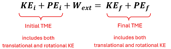 The equation for the Total Mechanical Energy in an open system. KE sub i (Initial Kinetic Energy, which includes both Translational and Rotational) plus PE sub i (Initial Potential Energy) plus W sub ext (External Work added) = KE sub f (Final Kinetic Energy) plus PE sub f (Final Potential Energy)