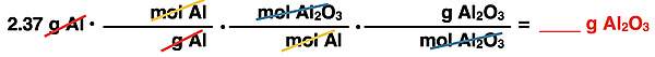 Shows the conversion factor set up with unit cancellation for converting from grams of a reactant to grams of a product, specific to aluminum oxide synthesis reaction.