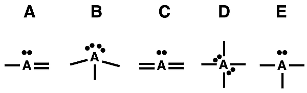 Lone and shared pairs for central atoms for molecules with five different molecular shapes.