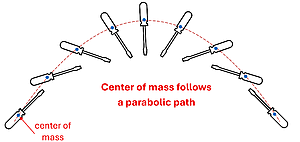 A picture of a screwdriver being thrown with a dot representing the center of mass. The screwdriver's center of mass is shown following a parabolic path as it flies through the air.