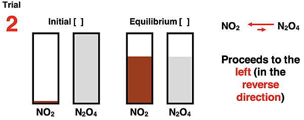 Bar charts showing initial reactant and product concentrations and equilibrium reactant and product concentrations for the 2 NO2 N2O4 system.