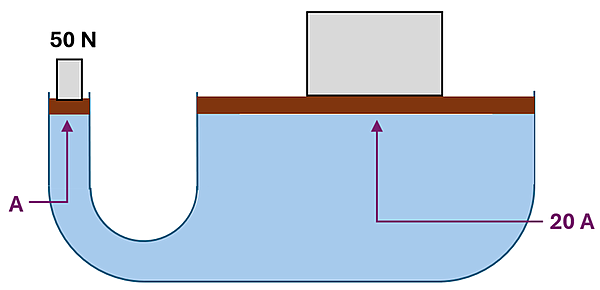 A U shaped tube with a 50 N weight on the left and an unknown weight on the right, the right is 20 times the area of the left. They are the same height.