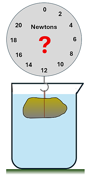 A possibly gold rock attached to a scale, floating in a beaker of water. There is a question mark on the scale's face indicating and unknown mass.