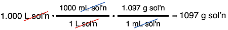 Use of density as a conversion factor to convert from the volume of solution to the mass of the solution.