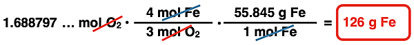 Shows the conversion factor solution - arrangement of factors with numbers, units, unit cancellation, and answer - for converting from grams of a solid reactant (Fe) to moles of a gaseous reactant (O2), specific to Fe2O3 synthesis reaction.