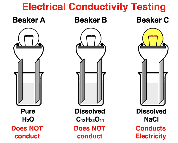 Diagram comparing the electical conductivity of pure water vs. a dissolved sucrose solution vs. a dissolved NaCl solution.