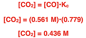 Calculation of an equilibrium concentration for a product; shows substitution and algebraic manipulation steps.