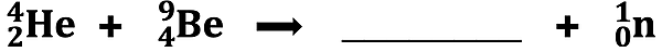 An incomplete nuclear equation for a bombardment reaction; part of a problem in which a student must identify the missing product nucleus.