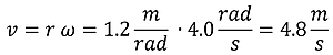 Angular Velocity equation for this problem. Nu (angular velocity) = radius time omega (displacement) = 1.2 meters per rad times 4 rads per second = 4.8 meters per second.