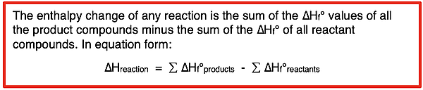 Equation relating the enthalpy change of a reaction to the heat of formation values of reactants and products.