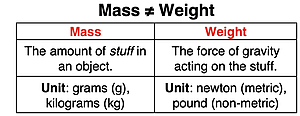A comparison of mass to weight in terms of meaning and the unit used.