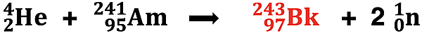 A completed nuclear equation for a bombardment reaction; part of a problem in which a student must identify the missing product nucleus.