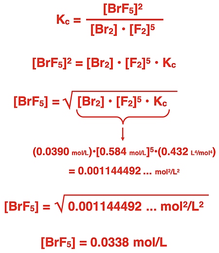 Calculation of an equilibrium concentration for a product; shows substitution and algebraic manipulation steps.