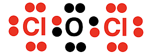 Electron dot diagram showing octets for bonded atoms in OCl2.