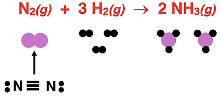 Particle diagrams used to represent reactants and products in the ammonia synthesis reaction.