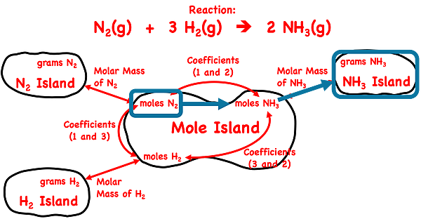 Demonstration of how to use the mole island graphic organizer to plot a conversion pathways between moles of a reactant and grams of a product; shows the conversion information used in each conversion step; specific to ammonia synthesis reaction.