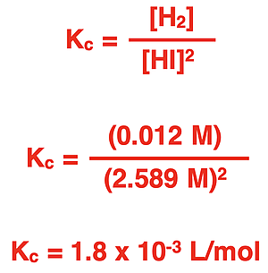 Equation, substitutions of equilibrium concentrations, and solving for the equilibrium constant value.