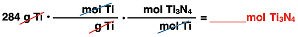 Shows the conversion factor set up with unit cancellation for converting from mass of a reactant and moles of a product, specific to Ti3N4 synthesis reaction.
