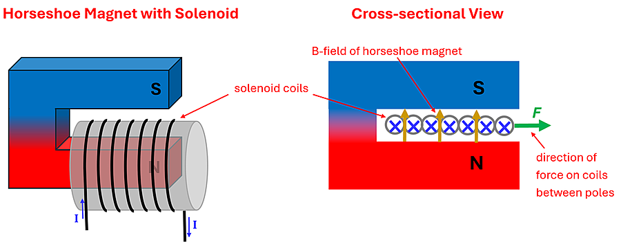 A horseshoe magnet with the ends facing to the right (south on top, north on bottom), with a solenoid wrapping around the bottom north pole (with current and wrapping starting on the left, wrapping clockwise when looking from the right, ending at the end of the north magnetic pole).  A cross section is given showing the wire and magnetic fields, resulting in a force to the right when current is flowing.
