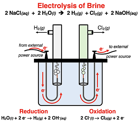 Schematic diagram for the electrolysis of an aqueous brine solution.