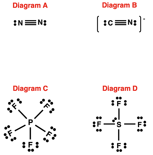 Four example problems involving determination of formal charges when given Lewis diagrams.