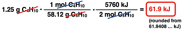 Factor label solution for converting from grams of a reactant to energy in kJ.