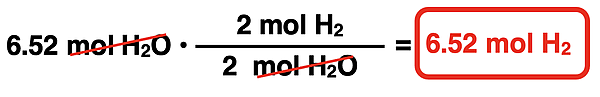 Shows the conversion factor solution - arrangement of factors with numbers, units, unit cancellation, and answer - for converting from moles of a product to moles of a reactant.