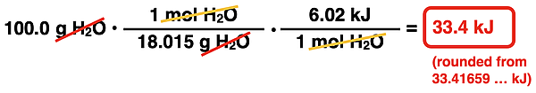 Factor label solution showing two conversion factors for determining the amount of heat required to melt 100 g of water.