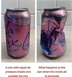 Two pictures of the same soda can are shown. The left the can is normal shaped and it states below that A can with equal air pressure inside and outside the can. To the right shows the can crushed, showing what happens to the can when the inside air is removed.
