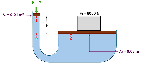 A U shaped tube is shown, with the left side being 0.1 meters squared in area, and the right side being 0.08 meters squared in area. The right side has a 8000 newton weight on it. On the left, a green F (force) arrow is shown with an unknown value. The point where the force is being applied on the left (labeled 1) is elevated from the height of the right side (labeled 2) by h height. A point on the left labeled 3 is shown at the same height as point 2.