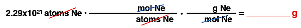 Set up conversion factors (units, no numbers) for an atoms to grams conversion.