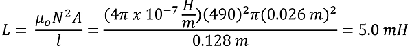 The equation solving for part 4 A. Permeability of air (4 pi times 10 to the -7 power) times wraps squared (490 squared) times area (pi times 0.026 cm squared) over length (0.128 meters) equals 5 milli henry.