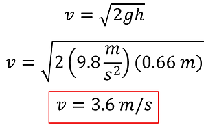 We take the efflux equation v = square root of 2 g h, plug in 9.8 for g and 0.66 meters for h and solve. v = 3.6 meters per second.