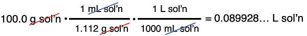 Use of density as a conversion factor to convert from the mass of solution to the volume of the solution.