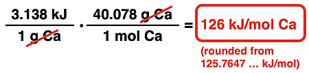 Factor label solution for converting from kJ/gram to kJ/mole; conversion factor, unit cancellation, and final answer are shown.