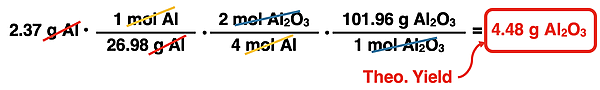 Shows the conversion factor solution - arrangement of factors with numbers, units, unit cancellation, and answer - for converting from grams of a reactant to grams of a product, specific to aluminum oxide synthesis reaction.