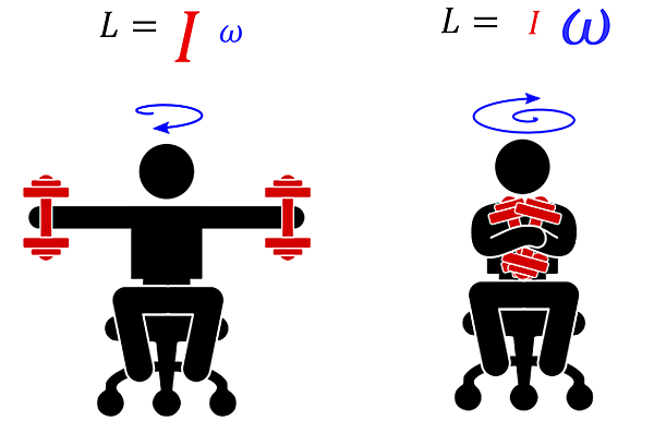 Two illustrations of a person holding red weights in a chair, a blue spinning vector above the head and the Angular Momentum equation above each. The first shows his arm outwards and the equation is L = I (red and large) times omega (blue and small). The second shows the weights pulled inwards, and the equation has L = I (red and small) times omega (blue and large).