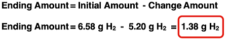 Formula for calculating excess reactant amount as the given amount minus the reacting amount with an example calculation.