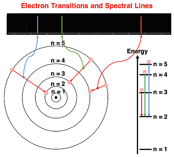 Diagram showing Bohr orbits (labeled n), line spectra of hydrogen with three emission lines, and energy level diagram. Three transitions are shown on the Bohr model of the atom. Corresponding transitions on the energy level diagram are shown. Each is associated with one of the three visible light emission lines on the spectra.