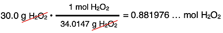 Example calculation of the mole of H2O2 from the mass of H2O2 and the molar mass.